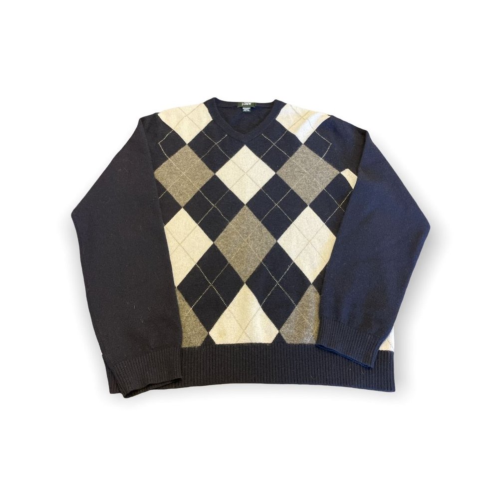 J Crew Cashmere Plaid Navy/Grey Sweater Large
